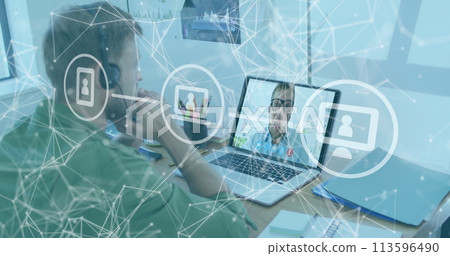 Image of icons and network of connections over man using laptop on image call Image of icons and network of connections over man using laptop on image call 113596490