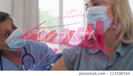 Image of statistics with covid 19 cells over woman receiving vaccination wearing face mask Image of statistics with covid 19 cells over woman receiving vaccination wearing face mask 113596584