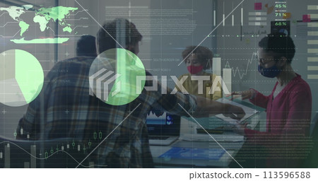 Image of statistics recording over man team of colleagues in office wearing face masks 113596588