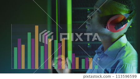 Image of graphs and data over african american man in server room 113596599
