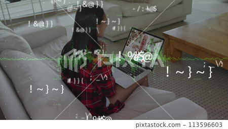 Image of numbers changing and graphic equalizer changing over woman using laptop on image call 113596603