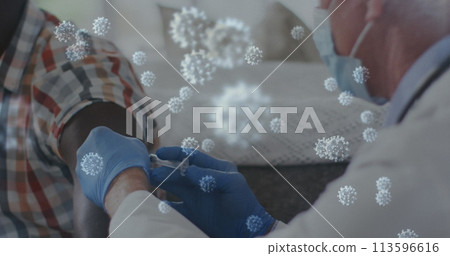 Image of covid 19 cells over man receiving vaccination wearing face mask Image of covid 19 cells over man receiving vaccination wearing face mask 113596616