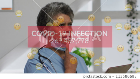 Image of covid 19 infection numbers and emojis over female doctor thinking with face mask 113596695