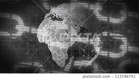 Image of globe and block chain on black background 113596701