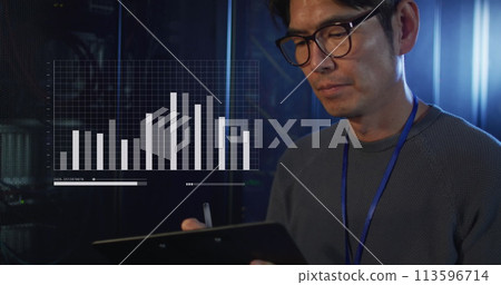 Image of graphs and data over asian man working in server room 113596714