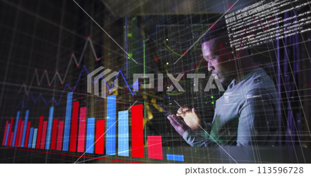 Image of graphs over african american man working in server room 113596728