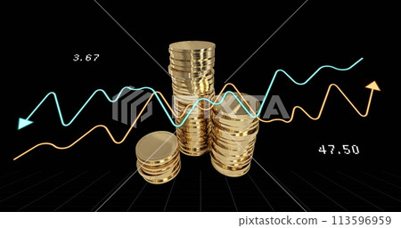 Image of financial data processing over gold coins 113596959