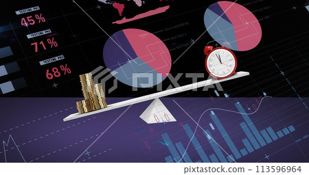 Image of financial data processing over scales with stacks of coins and alarm clock 113596964