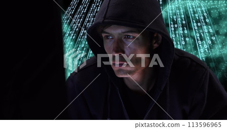 Image of caucasian hacker over data processing on dark background 113596965