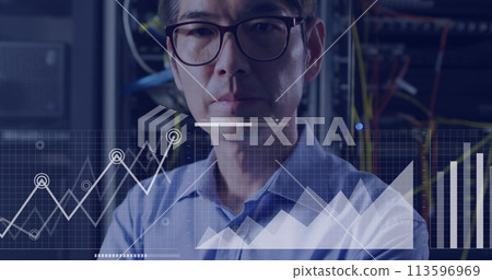 Image of graphs over asian man working in server room Image of graphs over asian man working in server room 113596969