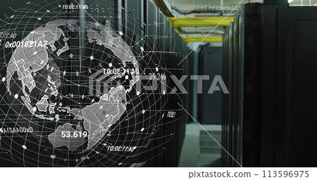 Image of globe rotating over servers Image of globe rotating over servers 113596975