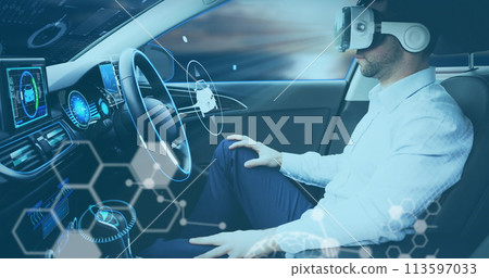 Image of interface showing icons and information with man in vr headset in self driving car Image of interface showing icons and information with man in vr headset in self driving car 113597033