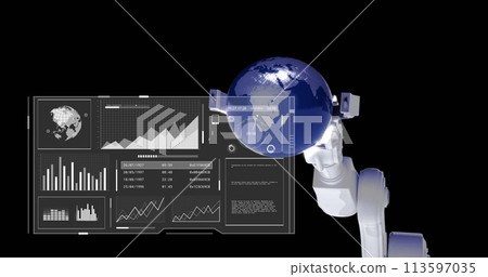 Image of data processing over robot's arm holding globe on black background Image of data processing over robot's arm holding globe on black background 113597035
