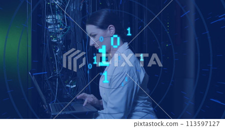 Image of binary code over caucasian woman checking servers Image of binary code over caucasian woman checking servers 113597127