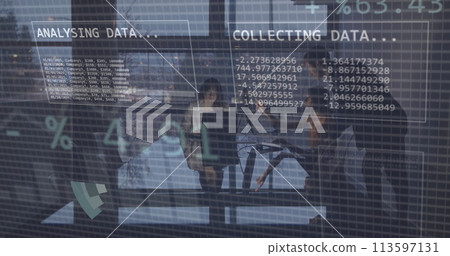 Image of financial data processing over diverse business people in office Image of financial data processing over diverse business people in office 113597131