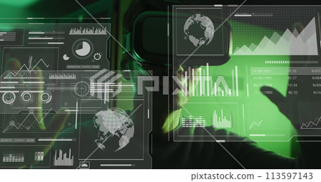 Image of data processing on screens over asian man in vr headset 113597143