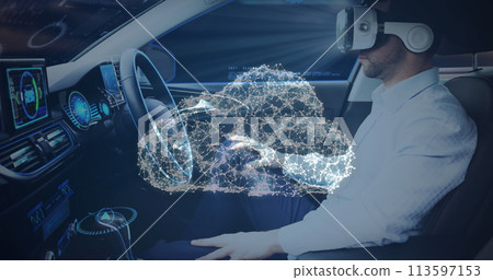 Image of a cloud of network connections with man in vr headset using self driving car 113597153