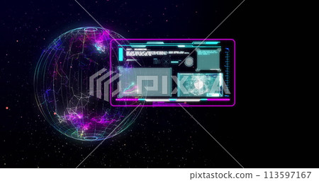 Image of screens with data processing over globe on dark background Image of screens with data processing over globe on dark background 113597167