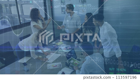 Image of interface with graphs and data with business colleagues brainstorming in office Image of interface with graphs and data with business colleagues brainstorming in office 113597196
