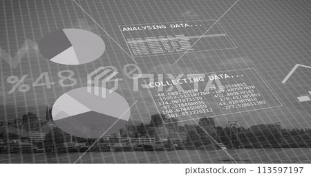 Image of financial data processing over cityscape 113597197
