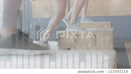 Image of data on interface over legs of diverse women jumping on boxes, cross training at gym 113597219