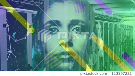 Image of falling shapes and female face over server room Image of falling shapes and female face over server room 113597221