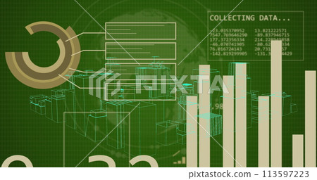 Image of financial data processing over 3d city and globe Image of financial data processing over 3d city and globe 113597223