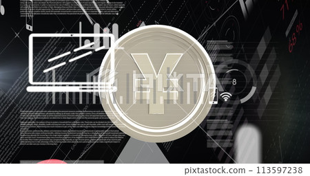 Image of financial data processing over silver yen coin 113597238