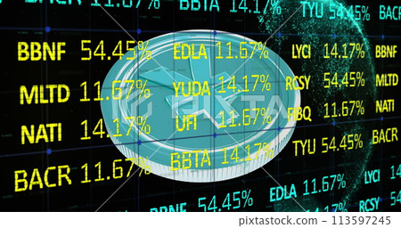 Image of financial data processing over yen coin and globe 113597245