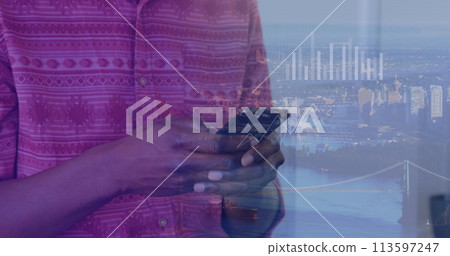 Image of african american businessman using smartphone over data and cityscape 113597247