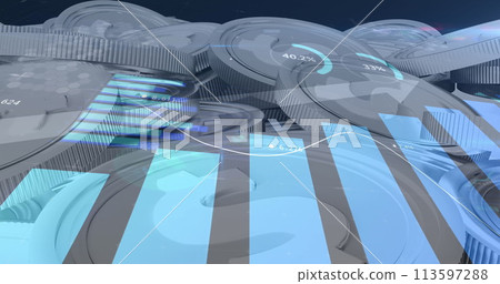 Image of financial data processing over stack of american dollar coins Image of financial data processing over stack of american dollar coins 113597288