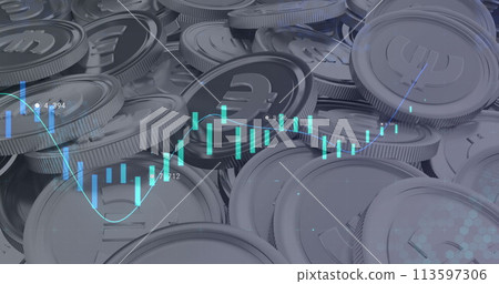 Image of financial data processing over euro currency coins 113597306