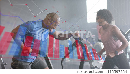 Image of graph processing data over diverse female trainer and man on elliptical at gym Image of graph processing data over diverse female trainer and man on elliptical at gym 113597334