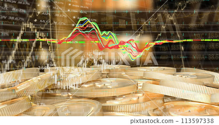 Image of financial data processing over gold coins 113597338