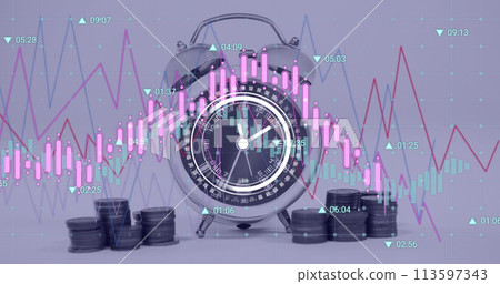 Image of financial data processing over alarm clock and stacks of coins 113597343