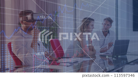 Financial data processing against man wearing vr headset at office Financial data processing against man wearing vr headset at office 113597346