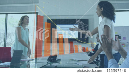 Image of interface showing data and statistics with businesswomen shaking hands in office 113597348