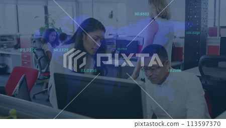 Image of interface with moving numbers and information with business people working in office 113597370