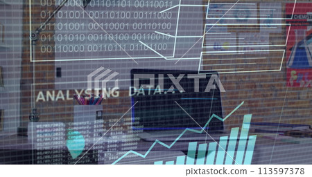 Image of financial data processing and binary coding over laptop on desk 113597378