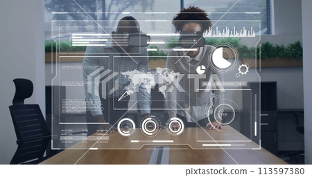 Image of data processing over diverse business people using vr headsets Image of data processing over diverse business people using vr headsets 113597380
