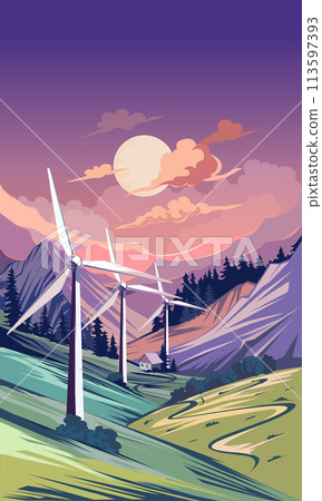Wind turbines in mountainous region, vector illustration 113597393