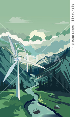 Wind turbines in a mountainous area with a river, vector illustration Wind turbines in a mountainous area with a river, vector illustration 113597415
