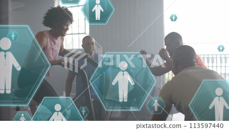 Image of people icons over diverse men cheering and woman training on elliptical at gym 113597440