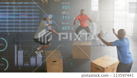 Image of data on interface over diverse male group jumping on boxes cross training at gym Image of data on interface over diverse male group jumping on boxes cross training at gym 113597441