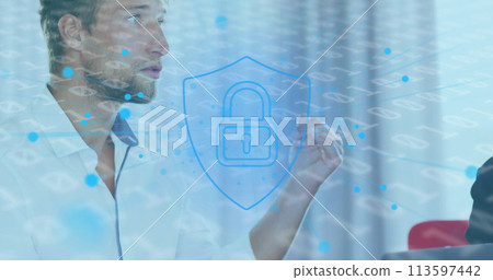 Image of binary coding and padlock security interface with businessman in meeting 113597442