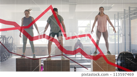 Image of graph processing data over diverse women jumping on boxes cross training at gym 113597469