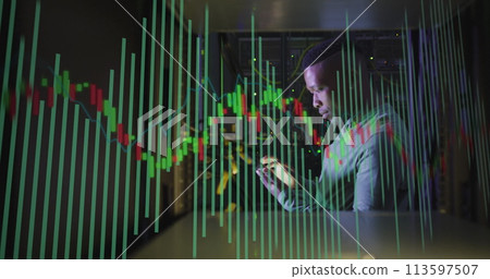 Image of data processing over african american man using tablet in server room 113597507