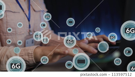 Image of 6g texts over caucasian woman using computer Image of 6g texts over caucasian woman using computer 113597512