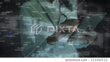 Image of data processing over african american woman using tablet server room Image of data processing over african american woman using tablet server room 113597513