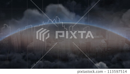 Image of social media icons over globe and cityscape Image of social media icons over globe and cityscape 113597514